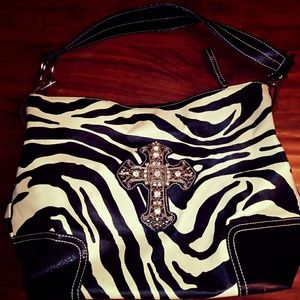 Zebra Print Bling Rhinestone Cross Purse Handbag